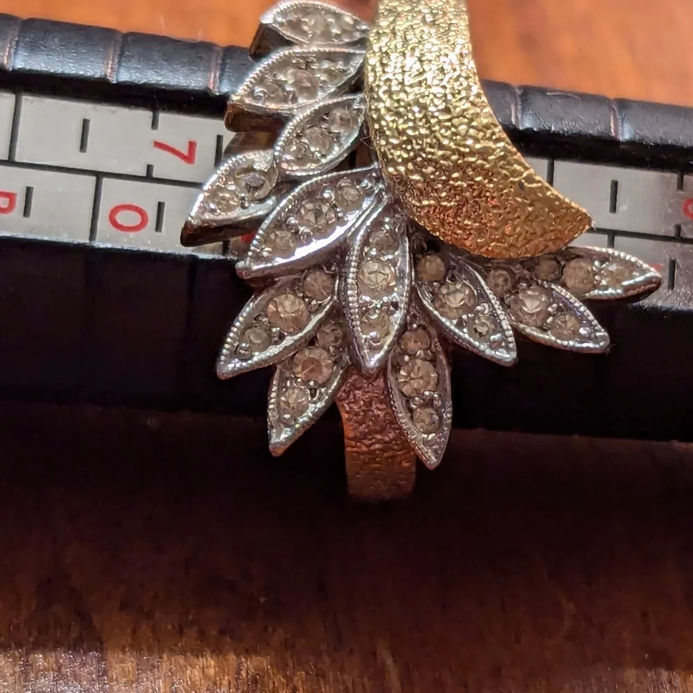 Panetta Vintage Ring Rhinestone Goldtone Silvertone Leaf Cocktail Party